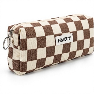 Trousse à crayons et étui à stylos en velours côtelé doux à motif damier, fermeture éclair fluide – Organisateur compact pour l'école et les cosmétiques pour filles et femmes - Product Image 1