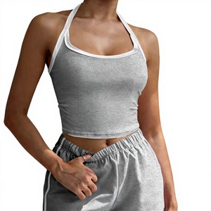 Women Brown Halter Sleeveless Knitted Casual Sports Crop Top Shorts Set Striped Breathable Spring Summer Wear - Product Image 5