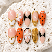 Ongles Press-On Faits Main de Luxe, Motif Fleur 3D Noir Orange, Faux Ongles Réutilisables, French Manucure Personnalisée, Vente en Gros
