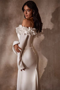 Mily الزفاف ML617 كم طويل للعروس فساتين الزفاف قبالة الكتف 3d الزهور حورية البحر مع وشاح سحاب الظهر فستان الزفاف - Product Image 5