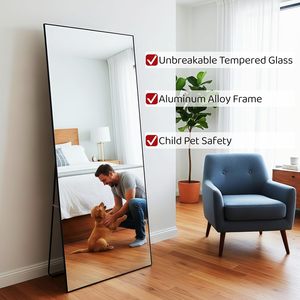 Full Length <b>Mirror</b> 56x21 Black <b>Rectangle</b> Floor <b>Mirror</b> With Stand Aluminum Alloy Frame Tempered Glass Minimalist Design - Product Image 5