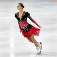 Robe de patinage artistique à manches longues à volants dégradé rouge et noir, avec strass en maille pour enfants et adultes, pour compétition et performance sur glace