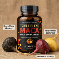 Complément de Maca Bio Triple Mélange en Gros Marque Privée OEM 1500mg Capsules de Maca Noire Rouge Jaune Énergie Masculine Adulte