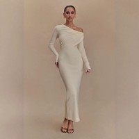 Robe blanche moulante à épaules dénudées, robe longue à manches longues, robe de soirée élégante pour l'été