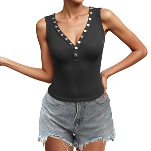 Camiseta sin mangas ajustada con botones para mujer, estilo casual, color liso, sexy, novedad <span class=keywords><strong>de</strong></span> verano - Product Image 2