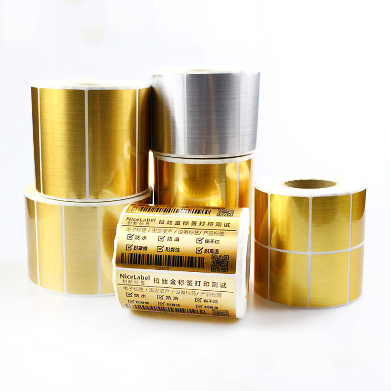 Custom Thermal Transfer Printable Heat Resistant Metal Aluminum Sticker Label Gold Silver Polyester Brushed Sticker Roll