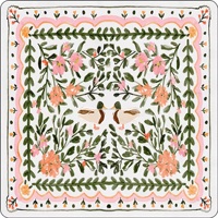 Tapis de Mahjong Chinoiserie à Double Bordure Imprimé Flamants Roses et Arbres de Pagode Bleus, Tapis de Jeu Lavable en Tissu Antidérapant