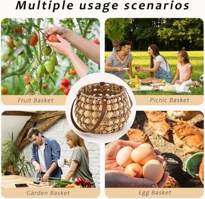 Vietnam Water Hyacinth Egg <b>Basket</b> with Leather Straps Farmhouse Egg Collecting <b>Storage</b> <b>Basket</b> - Product Image 6