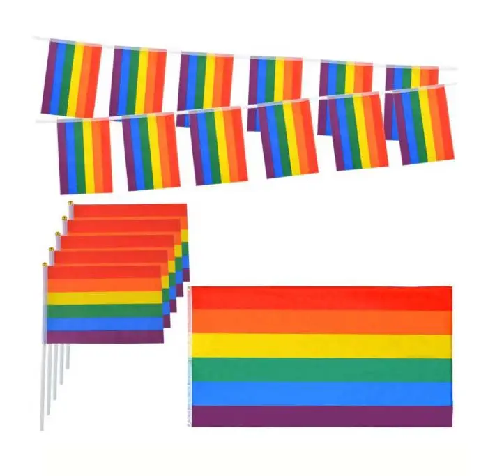 गर्म उत्पादों 14*21cm गौरव झंडा समलैंगिक गर्व इंद्रधनुष हाथ झंडा LGBT हाथ पकड़ झंडा
