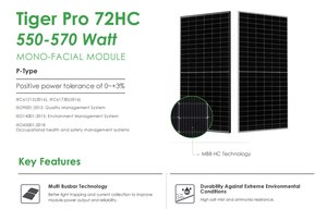 Panneaux solaires monocristallins Jinko Tiger Pro 72HC 550-570 Watt JKM550-570M-72HL4 550w 560Watt, panneaux solaires monocristallins de type P 550W - Product Image 3