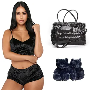 Hot Selling Set Huis Schoenen Teddybeer Slippers Voor Vrouwen Meisjes Met Ondergoed Lingerie Bijpassende Besteden Een Night Reistas