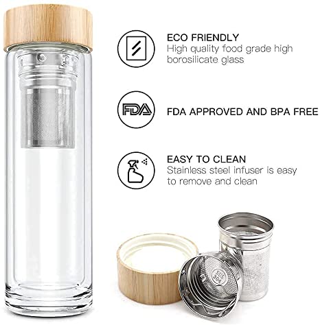 14oz Tea Bottle with Infuser Double Wall High Borosilicate Glass with Strainer & Infuser 400ml