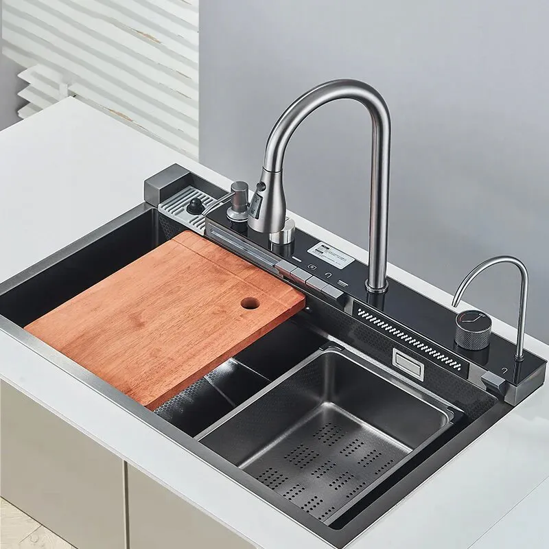 Pia de cozinha de aço inoxidável Premium com torneira com display digital grande bacia única para lavar vegetais e limpar pratos