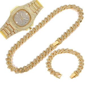 Set di gioielli Hip Hop uomo glassato orologio collane bracciale Miama cubano catena girocollo moda oro lusso orologio uomo regalo all'ingrosso - Product Image 5
