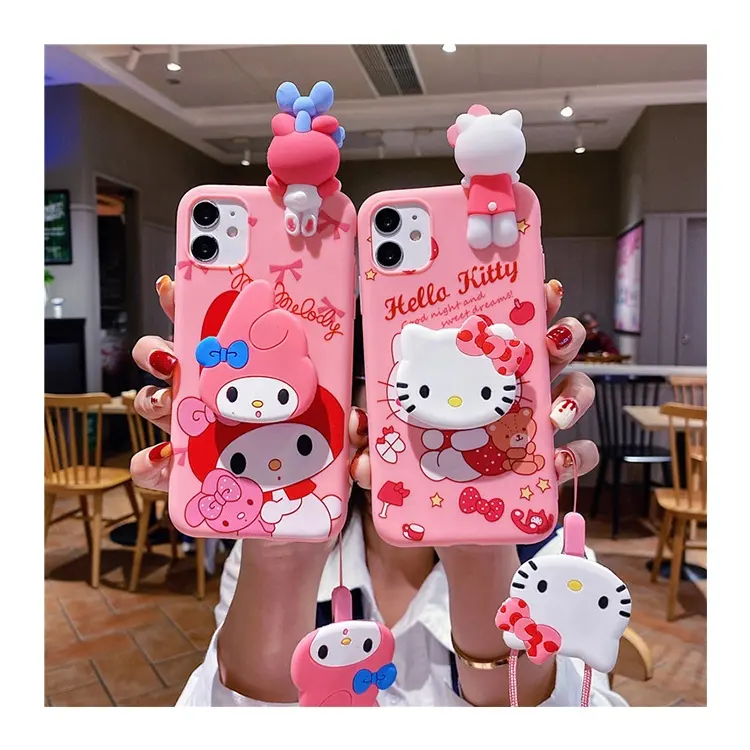 Cartoon 3d Pop Houder Standhouder Lanyard Telefoonhoesjes Beugel Hanger Voor Iphone 13 15 12 14 Promax Melodys Schattige Kitty Achterkant