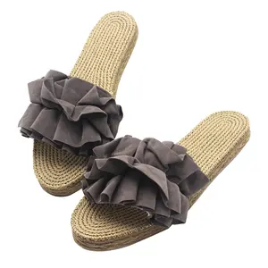 Özel bayanlar Rattan sandalet terlik çiçek düz terlik kadınlar için, çevre dostu kumaş PVC EVA açık slaytlar katı naylon