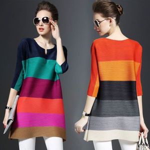 De moda versátil gran stripe T camisa base blusa <span class=keywords><strong>Issey</strong></span> <span class=keywords><strong>Miyake</strong></span> pliegues <span class=keywords><strong>vestido</strong></span> de camisa t - Product Image 4