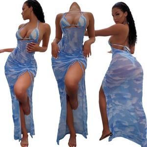 2022 traje de baño Sexy para mujer translúcido malla <span class=keywords><strong>Bikini</strong></span> cubierta vestido estampado ropa de playa Sexy <span class=keywords><strong>Bikini</strong></span> traje de baño traje de tres piezas - Product Image 2