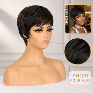 Perruque courte et <span class=keywords><strong>effilée</strong></span> en <span class=keywords><strong>cheveux</strong></span> brésiliens Remy, densité 150%, brun foncé/noir, respirante, avec sangles ajustables, aspect naturel pour femme - Product Image 1