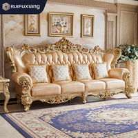 Canapé en cuir de style royal européen vintage, combinaison de canapés de luxe pour salon, villa, appartement, en bois massif avec sculpture double face