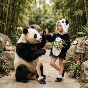 Disfraz de Panda <span class=keywords><strong>Kigurumi</strong></span> para Niños con Capucha, Cola y Orejas, Felpa Negra/Blanca y Dobladillo de Tul Negro, Vista Trasera - Product Image 1