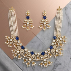 Luxury 925 Silver Sapphire Pearl <b>Necklace</b> Set Designer Bridal Jewelry Traditional Earrings for Classic Beaded Strand Design - Product Image 2