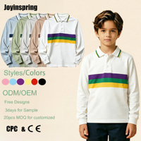 Polo rayé à manches longues en coton et élasthanne pour garçons, personnalisable OEM/ODM, élégant, pour l'uniforme scolaire et le quotidien