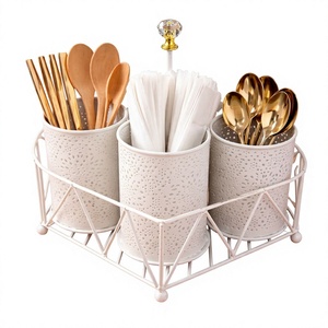 Support de Rangement Métallique pour Ustensiles de Cuisine avec 3 Pots Cylindriques pour Baguettes et Cuillères, Étagère Blanche en Fil Métallique, Type Autoportant - Product Image 5