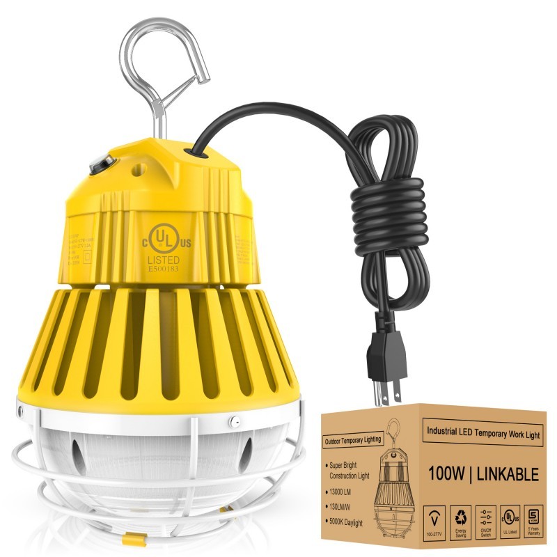 80W Waterproof LED Temporary Work Light Hook Portable Hanging Construction Site Light Jobsite Warehouse Workshop Outdoor