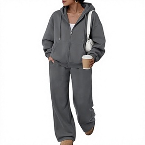 Conjunto de Sudadera con Capucha Gris, Oversize, de Algodón y Felpa, Casual, de Color Sólido, con Cierre, Pantalones Joggers, para Otoño, Unisex - Product Image 1