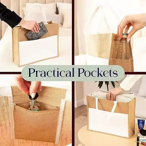 Sac fourre-tout pliable grande capacité pour femme avec poche zippée en <span class=keywords><strong>toile</strong></span> <span class=keywords><strong>de</strong></span> <span class=keywords><strong>jute</strong></span> – Idéal pour l'extérieur - Product Image 2