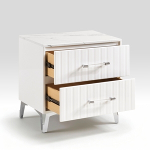 Comodino bianco con 2 cassetti, piano in finto marmo, gambe cromate, mobili per camera da letto - Product Image 4