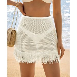 Womens Crochet Mini Skirt With Tassel Hem Breathable Knit Summer Beach Cover Up Regular Waistline <b>White</b> - Product Image 4