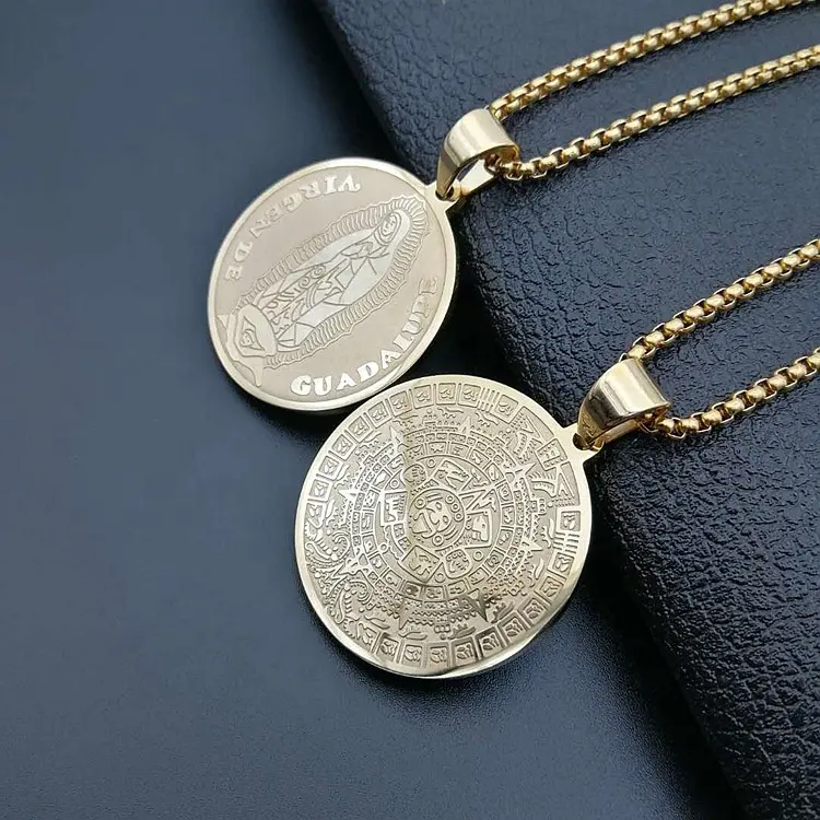 Rebaccas RTS new design gold plated Stainless Steel double side Mayan Coin Pendant necklace for men jewelry