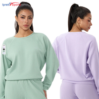 Groothandel Wafel Ronde Hals Sport Lange Mouw T-shirts Dames Losse Yoga Fitness Kleding Hardlopen Plus Size Atletiek Shirt