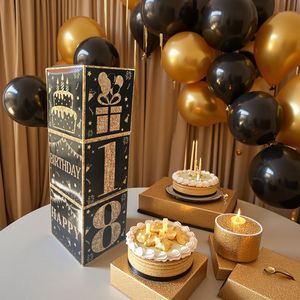 Boîte d'anniversaire Black Gold : Décoration de fête à thème ballons, ambiance festive, accessoires de surprise en papier imprimé - Product Image 4