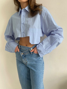 Blus Wanita Lengan Panjang Model Potongan Asimetris Kasual, Atasan Pendek Crop, Koleksi Musim Semi Gugur Terbaru, Diskon Besar - Product Image 4