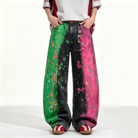 Jean coloré style streetwear à effet encre éclaboussée, délavé à dégradé, coupe ample, style urbain, pantalon large à coupe incurvée