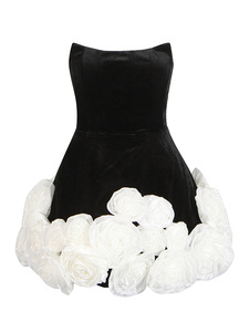 Boutique all'ingrosso moda nera 3D bianco fiore festa abiti Casual 2024 nuovo elegante abito <span class=keywords><strong>Midi</strong></span> Sexy senza spalline - Product Image 6