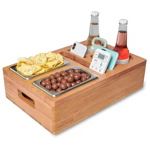 Wooden food tray Couch Cup and Drink Holder Snack Caddy Tray with Removeable Lid Design for Middle of Couch Sofa Bed