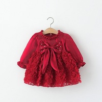 Robe de princesse à nœud papillon rouge 3D avec rose, tenue de fête mignonne pour bébé fille, printemps-automne