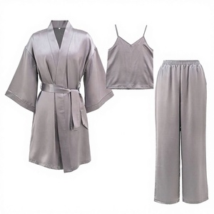 Ensemble 3 pièces en satin de soie : caraco, robe longue à manches longues et peignoir – Élégant, personnalisé, en polyester/coton, pour femme, idéal pour l'hiver, couleur unie, vêtements d'intérieur - Product Image 1