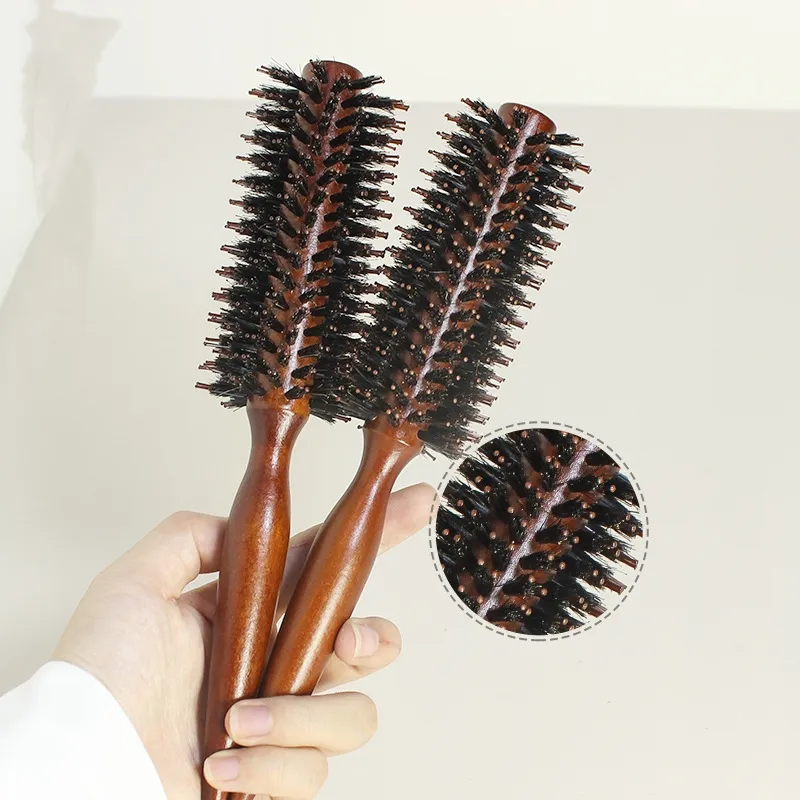 Spazzola di setola rotonda di cinghiale di legno spesso setole naturali per capelli sottili e sottili effetto arricciatura spazzola per capelli per salone di casa