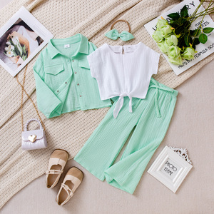 Nuovo Set Primaverile e Autunnale <span class=keywords><strong>per</strong></span> Ragazze: Canotta Tinta Unita + Camicia + Pantaloni in Crêpe + Cintura + Fascia <span class=keywords><strong>per</strong></span> Capelli - Product Image 3