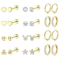 Ensemble de boucles d'oreilles tendance en acier inoxydable, hypoallergéniques, plaquées or et argent, avec zircon, à dos plat, pour cartilage