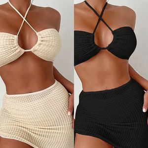 Maillot de bain sexy à col halter, couleur unie, nouvelle collection 2024, avec jupe mi-longue, ensemble trois pièces, maillot de bain séparé pour femmes - Product Image 2
