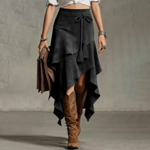 Jupe asymétrique mi-longue en daim souple style western vintage OEM Hong Kong avec franges, idéale pour le quotidien et le style bohème - Product Image 4