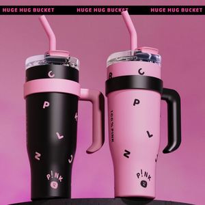 Nouvelle tasse isotherme en acier inoxydable noir et rose avec poignée et paille, 40 oz, pour voiture, cadeau, isolation 6-12h - Product Image 5