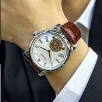 Montre mécanique originale AOKULASIC pour homme, montre-bracelet de luxe haut de gamme avec tourbillon, bracelet classique en cuir véritable