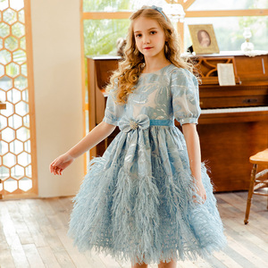Robes pour filles juniors personnalisées en usine, à manches courtes, en jacquard, de haute qualité, avec jupe à plumes, pour fêtes d'enfants et spectacles d'anniversaire - Product Image 2